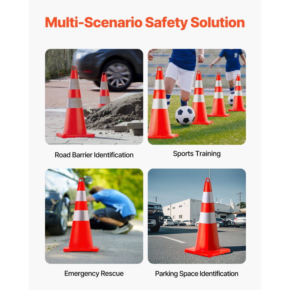 VEVOR Safety Cones, 12 x 28\" Traffic Cones, PVC Orange Construction Cones, 2 Reflective Collars Traffic Cones with Weighted Base and Hand-Held Ring Used for Traffic Control, Driveway Road Parking