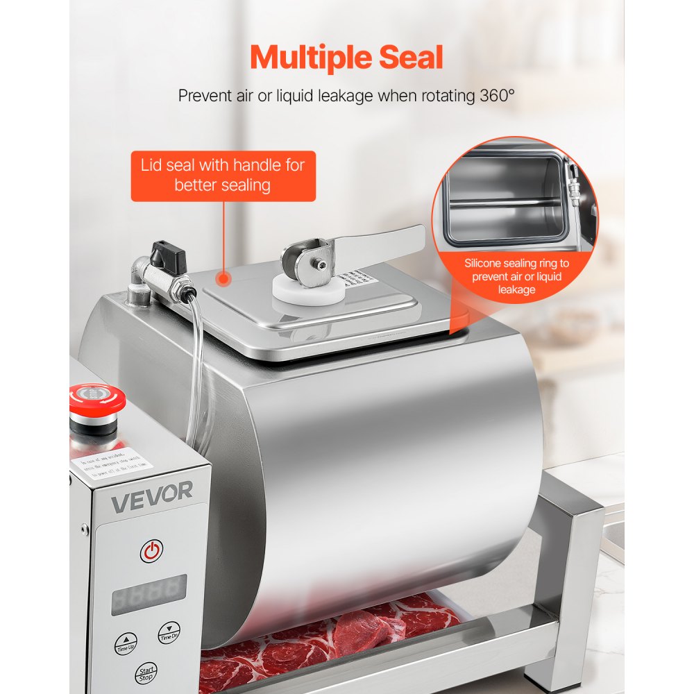 VEVOR Meat Tumbler Marinator, 10L Vacuum Tumbler Marinating Machine with Automatic Bidirectional Rotation, Stainless Steel Vacuum Curing Machine for Chicken Steak Pork, Home & Commercial Use