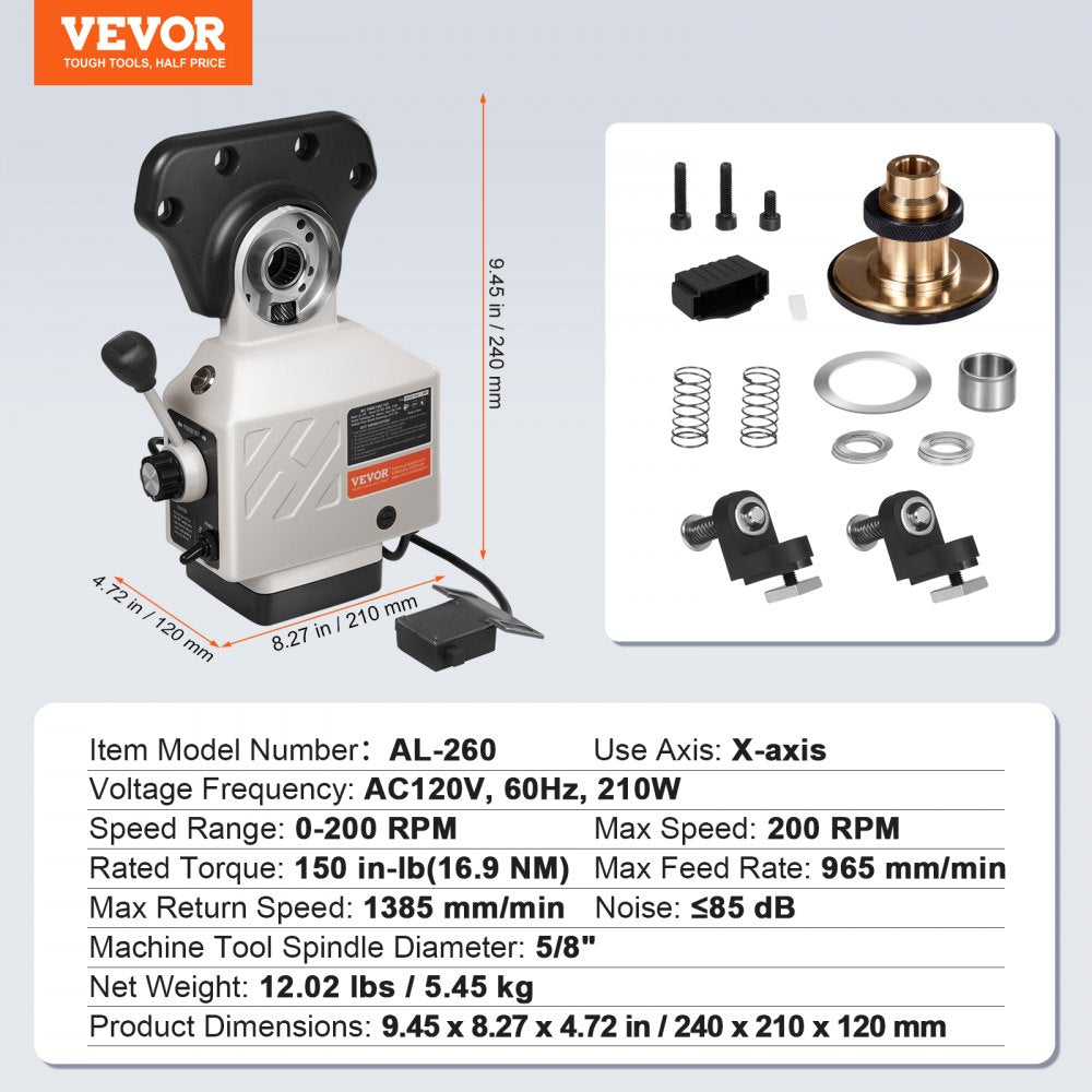 VEVOR X-Axis Power Feed for Milling Machine, 150 in-lb Torque, 0-200RPM Adjustable Rotate Speed 120V Power Table Feed Mill Feeder, for Bridgeport Some Knee Type Mills with a 5/8" End Shaft Diameter