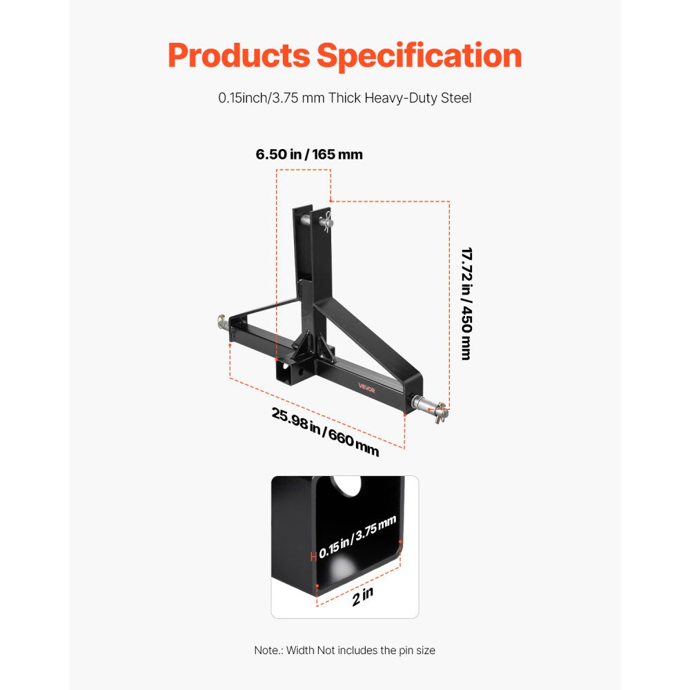 VEVOR 3 Point Trailer Hitch with 2 in Receiver, 3pt Quick Hitch Attachment for Category 1 Tractor, 3000lbs Capacity, Tow Drawbar Adapter, Compatible with Kubota, Mahindra, Ford, Yanmar, John Deere