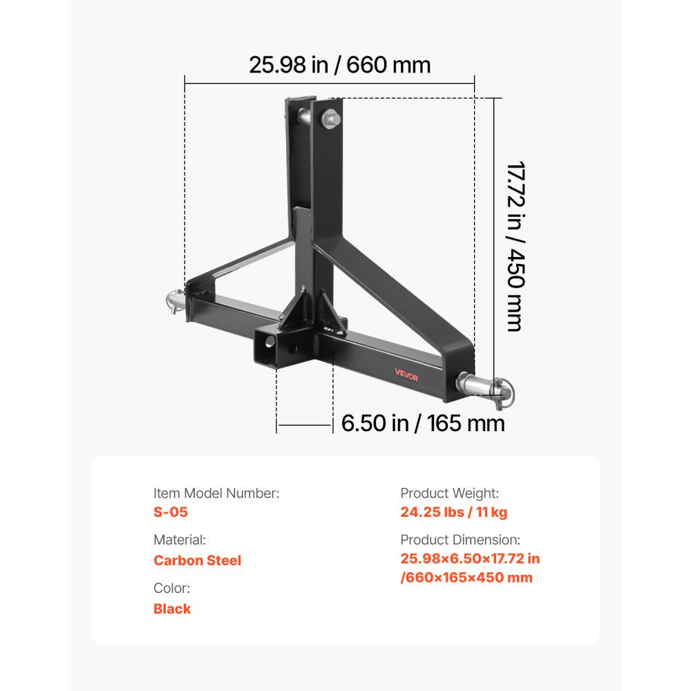 VEVOR 3 Point Trailer Hitch with 2 in Receiver, 3pt Quick Hitch Attachment for Category 1 Tractor, 3000lbs Capacity, Tow Drawbar Adapter, Compatible with Kubota, Mahindra, Ford, Yanmar, John Deere