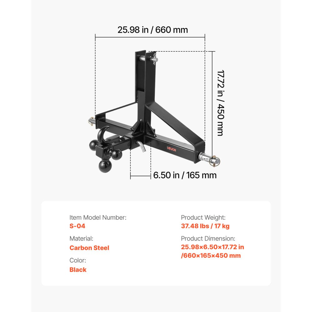 VEVOR 3 Point Trailer Hitch with 2 in Receiver, 3pt Quick Hitch Attachment, Heavy Duty Tractor Tow Drawbar Adapter, Compatible with Kubota, Mahindra, Ford, Yanmar, John Deere, Massey Ferguson