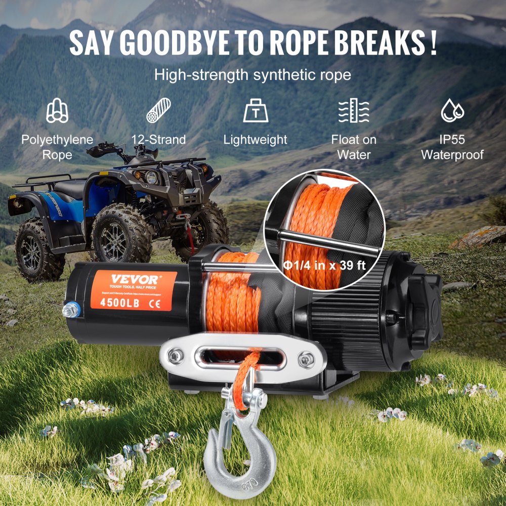 VEVOR Electric Winch, 4500 lb Line Pull Capacity, 12V DC ATV/UTV Winch with Φ1/4 in x 39 ft 12 Strands Synthetic Rope Aluminum Fairlead Wireless & Wired Remote Control, IP55 Waterproof for UTV ATV