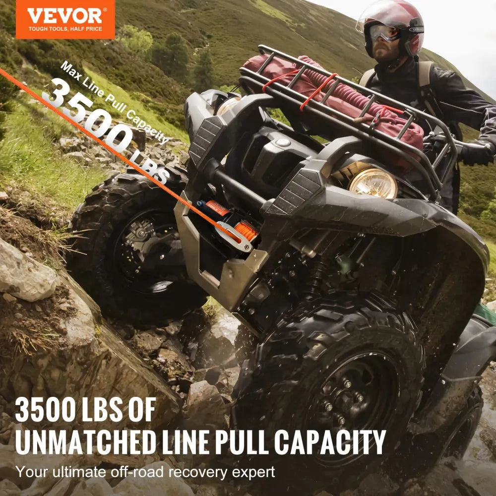VEVOR Electric Winch, 3500 lb Line Pull Capacity, 12V DC ATV/UTV Winch with Φ3/16 in x 39 ft 12 Strands Synthetic Rope Aluminum Fairlead Wired Remote Control, IP55 Waterproof for Towing UTV ATV Boat