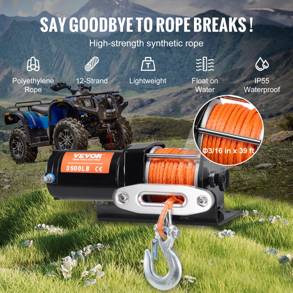 VEVOR Electric Winch, 3500 lb Line Pull Capacity, 12V DC ATV/UTV Winch with Φ3/16 in x 39 ft 12 Strands Synthetic Rope Aluminum Fairlead Wired Remote Control, IP55 Waterproof for Towing UTV ATV Boat