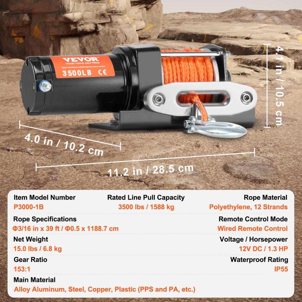 VEVOR Electric Winch, 3500 lb Line Pull Capacity, 12V DC ATV/UTV Winch with Φ3/16 in x 39 ft 12 Strands Synthetic Rope Aluminum Fairlead Wired Remote Control, IP55 Waterproof for Towing UTV ATV Boat