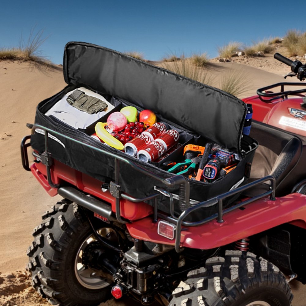 VEVOR ATV Rear Storage Bag, 60L ATV Rear Cargo Storage Bag with Backrest & Waterproof Cover, 600D Oxford Cloth Rear Seat Gear Bag Fit Most ATVs with Rear Rack, Compatible with ATV, UTV, Can-Am Vehicle