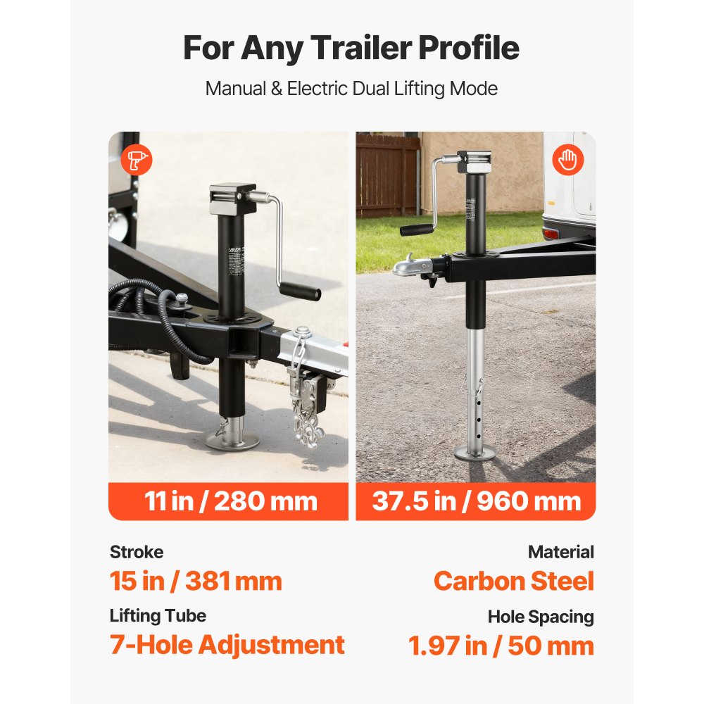 VEVOR 5000 lbs A-Frame Trailer Jack, 15-Inch Vertical Travel, Trailer Lift Jack with Adjustable 7-Level Drop Leg & Drill Socket, Cordless Drill Compatible, Suitable for RV, Utility, Yacht Trailers