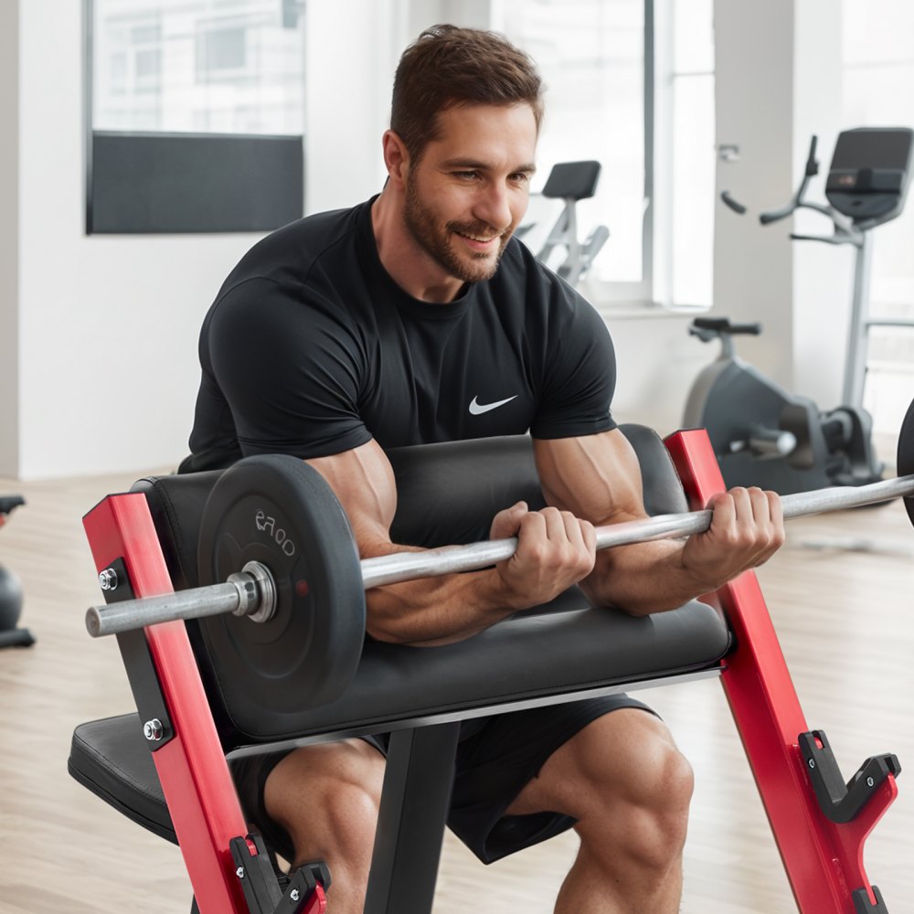 VEVOR Preacher Curl Bench, Strength Training Benches, Max load 660 LBS Home Gym Fitness Equipment, Seated Arm Isolated Barbell Dumbbell Bicep Station, Adjustable Weight Bench with Bar Holders