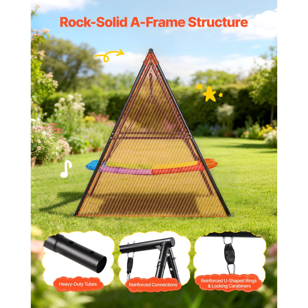 VEVOR Swing Set for Backyard, 60 x 32 in Swing Seat with Heavy Duty A-Frame Metal Stand, 440 lbs Load Capacity, Reinforced with Spiral Ground Anchors, Swingset Outdoor for Kids, Black and Colorful