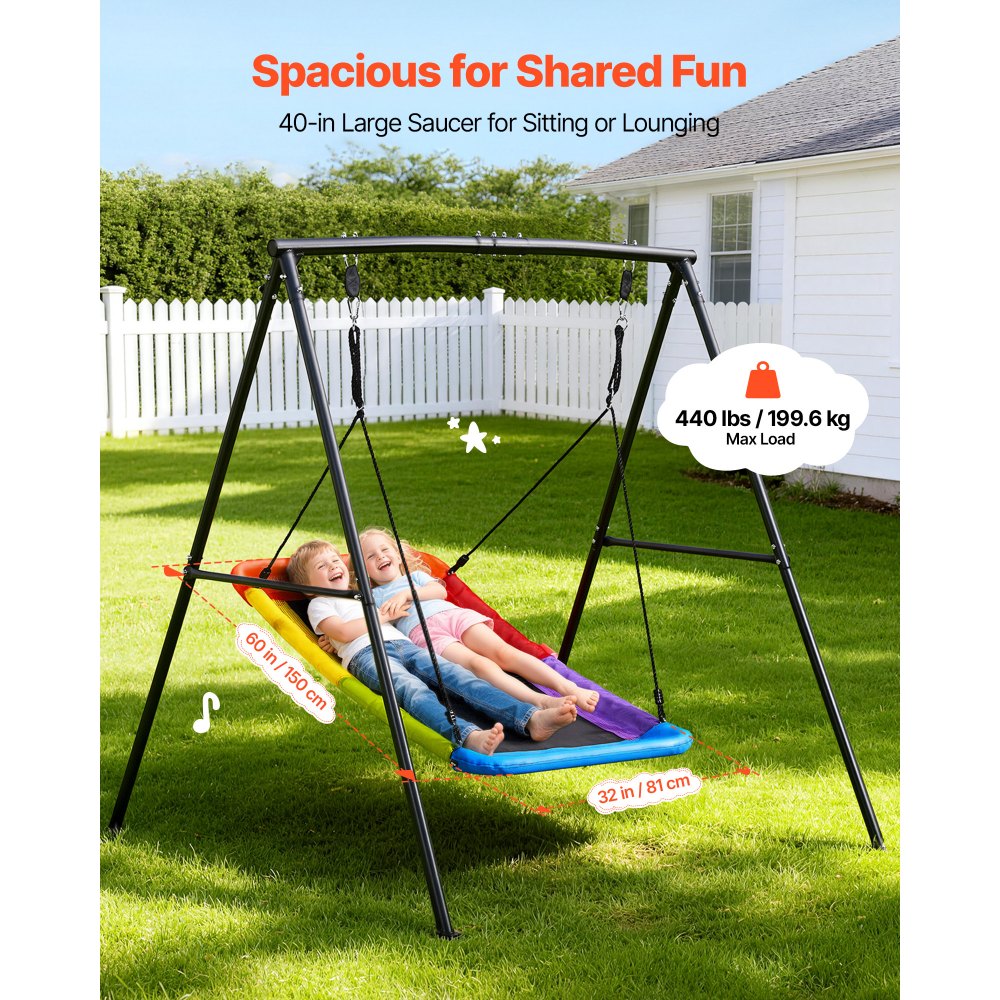 VEVOR Swing Set for Backyard, 60 x 32 in Swing Seat with Heavy Duty A-Frame Metal Stand, 440 lbs Load Capacity, Reinforced with Spiral Ground Anchors, Swingset Outdoor for Kids, Black and Colorful