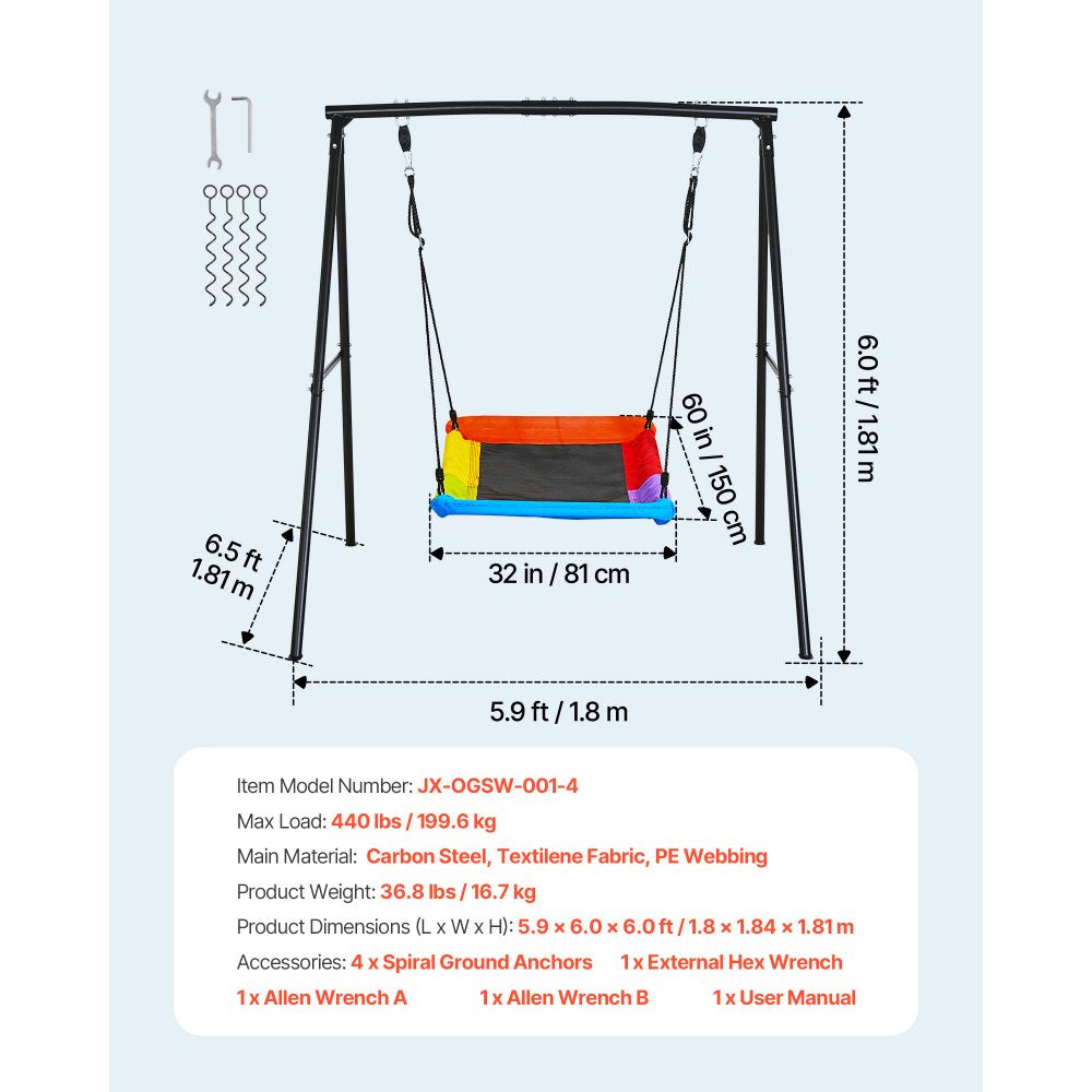 VEVOR Swing Set for Backyard, 60 x 32 in Swing Seat with Heavy Duty A-Frame Metal Stand, 440 lbs Load Capacity, Reinforced with Spiral Ground Anchors, Swingset Outdoor for Kids, Black and Colorful