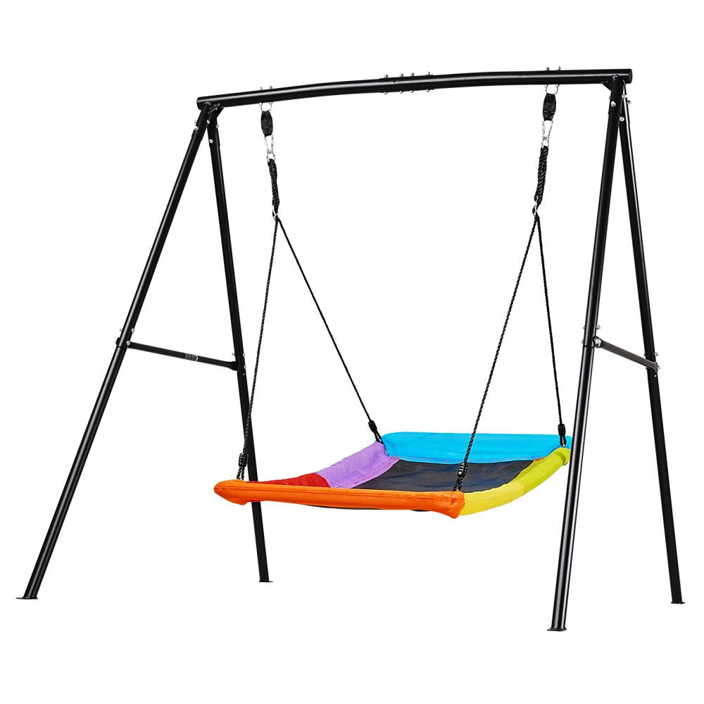 VEVOR Swing Set for Backyard, 60 x 32 in Swing Seat with Heavy Duty A-Frame Metal Stand, 440 lbs Load Capacity, Reinforced with Spiral Ground Anchors, Swingset Outdoor for Kids, Black and Colorful