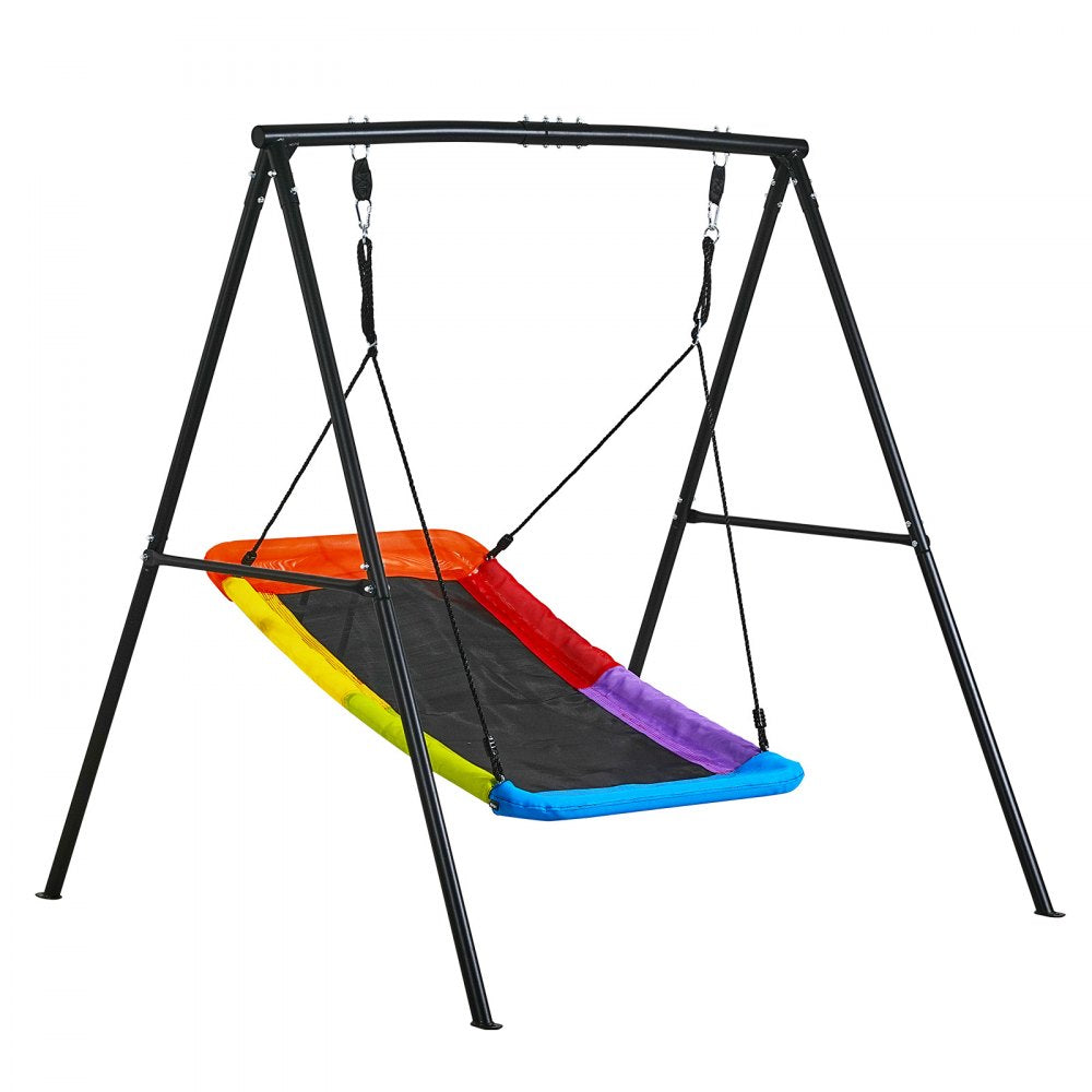 VEVOR Swing Set for Backyard, 60 x 32 in Swing Seat with Heavy Duty A-Frame Metal Stand, 440 lbs Load Capacity, Reinforced with Spiral Ground Anchors, Swingset Outdoor for Kids, Black and Colorful