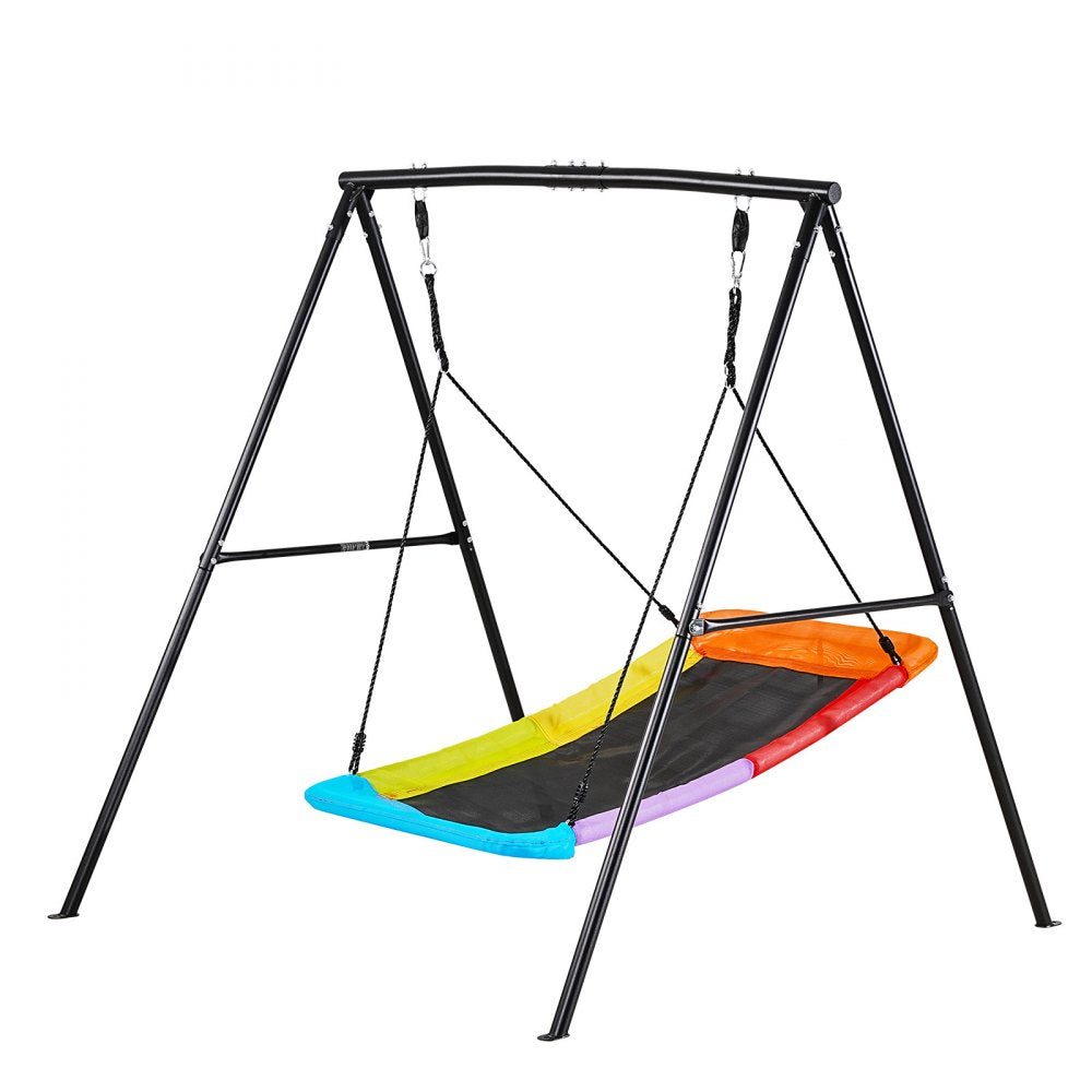 VEVOR Swing Set for Backyard, 60 x 32 in Swing Seat with Heavy Duty A-Frame Metal Stand, 440 lbs Load Capacity, Reinforced with Spiral Ground Anchors, Swingset Outdoor for Kids, Black and Colorful