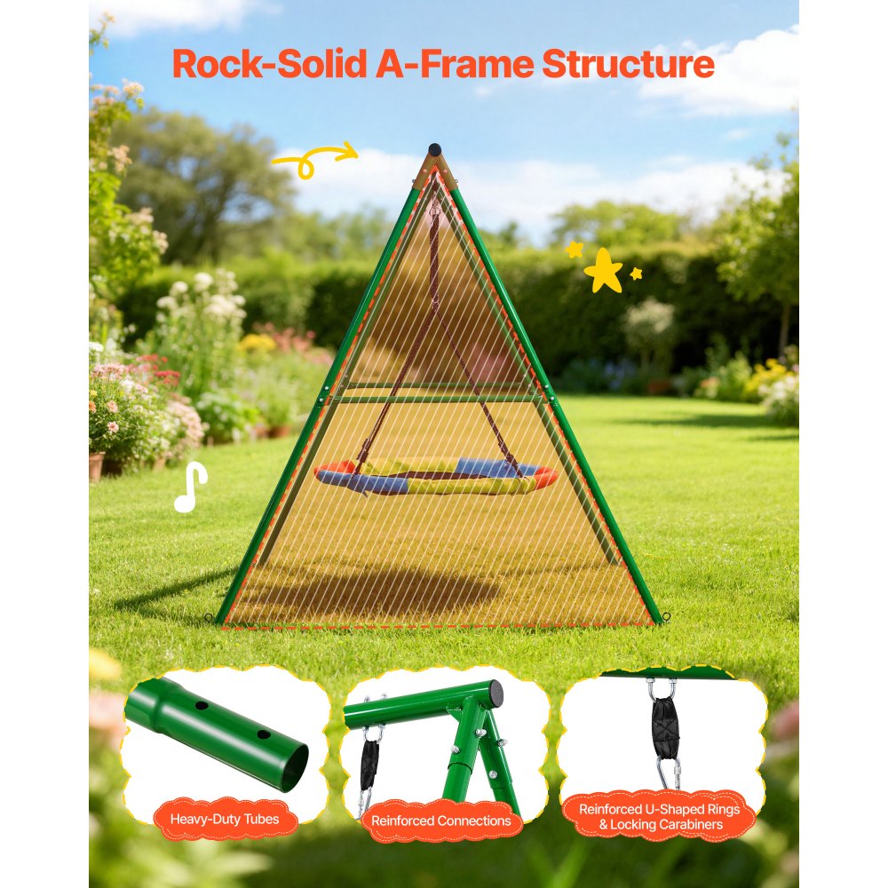 VEVOR Swing Set for Backyard, 40 in Saucer Swing Seat with Heavy Duty A-Frame Metal Stand, 440 lbs Load Capacity, Reinforced with Spiral Ground Anchors, Swingset Outdoor for Kids, Green and Colorful