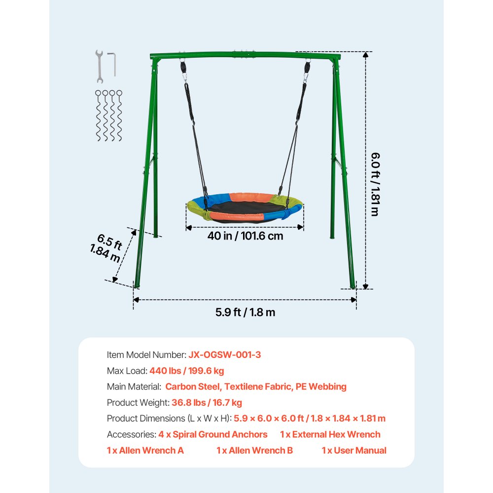 VEVOR Swing Set for Backyard, 40 in Saucer Swing Seat with Heavy Duty A-Frame Metal Stand, 440 lbs Load Capacity, Reinforced with Spiral Ground Anchors, Swingset Outdoor for Kids, Green and Colorful