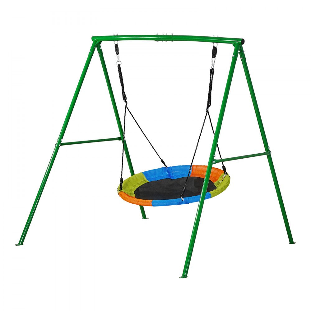 VEVOR Swing Set for Backyard, 40 in Saucer Swing Seat with Heavy Duty A-Frame Metal Stand, 440 lbs Load Capacity, Reinforced with Spiral Ground Anchors, Swingset Outdoor for Kids, Green and Colorful