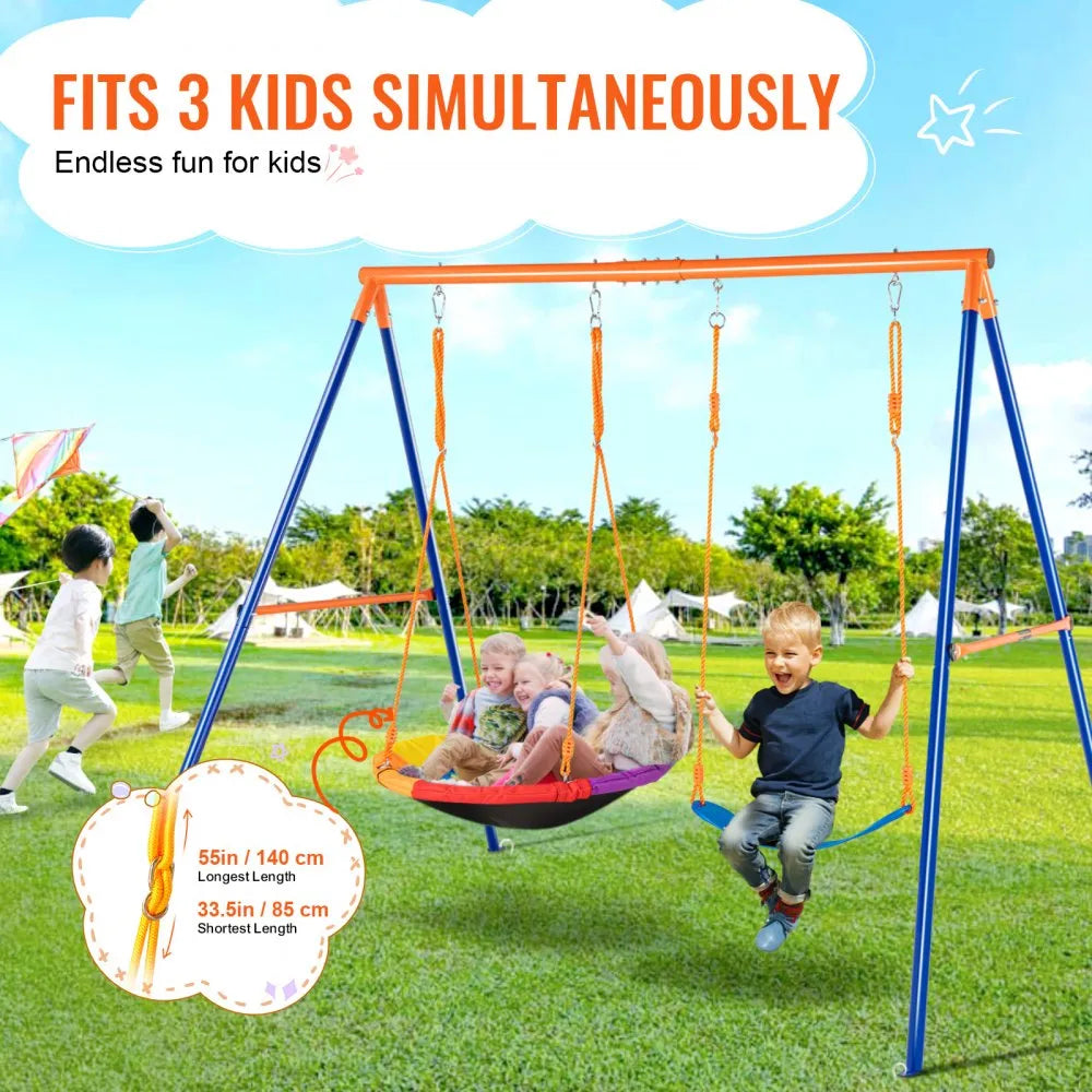 VEVOR Swing Sets for Backyard, 440lbs Load Capacity Swing Set, with 1 Saucer Swing Seat, 1 Belt Swing Seat, Heavy Duty A-Frame Metal Swing Stand and Adjustable Rope, Swingset Outdoor for Kids