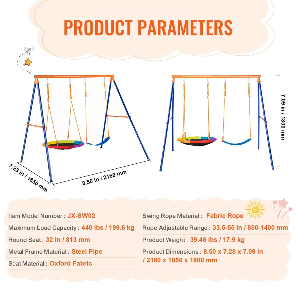 VEVOR Swing Sets for Backyard, 440lbs Load Capacity Swing Set, with 1 Saucer Swing Seat, 1 Belt Swing Seat, Heavy Duty A-Frame Metal Swing Stand and Adjustable Rope, Swingset Outdoor for Kids