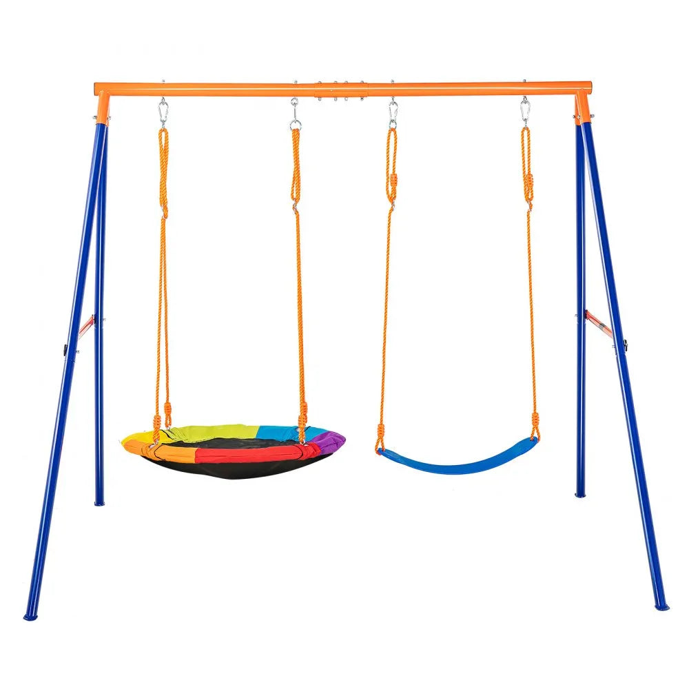 VEVOR Swing Sets for Backyard, 440lbs Load Capacity Swing Set, with 1 Saucer Swing Seat, 1 Belt Swing Seat, Heavy Duty A-Frame Metal Swing Stand and Adjustable Rope, Swingset Outdoor for Kids