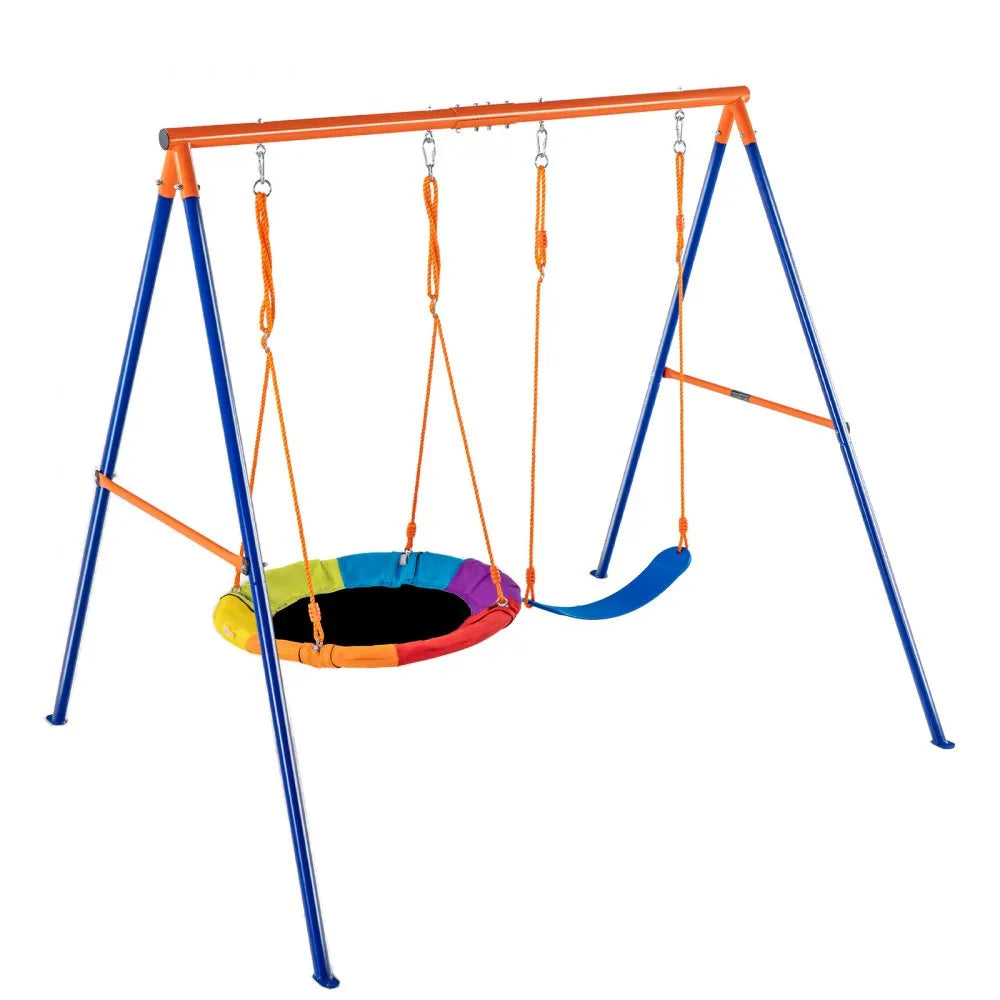 VEVOR Swing Sets for Backyard, 440lbs Load Capacity Swing Set, with 1 Saucer Swing Seat, 1 Belt Swing Seat, Heavy Duty A-Frame Metal Swing Stand and Adjustable Rope, Swingset Outdoor for Kids