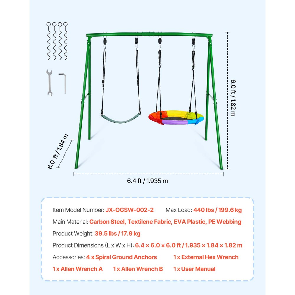 VEVOR Swing Set for Backyard, 32 in Saucer Swing Seat and Belt Seat, with Heavy Duty A-Frame Metal Stand, 440 lbs Load Capacity, Reinforced with Spiral Ground Anchors, Swingset Outdoor for Kids