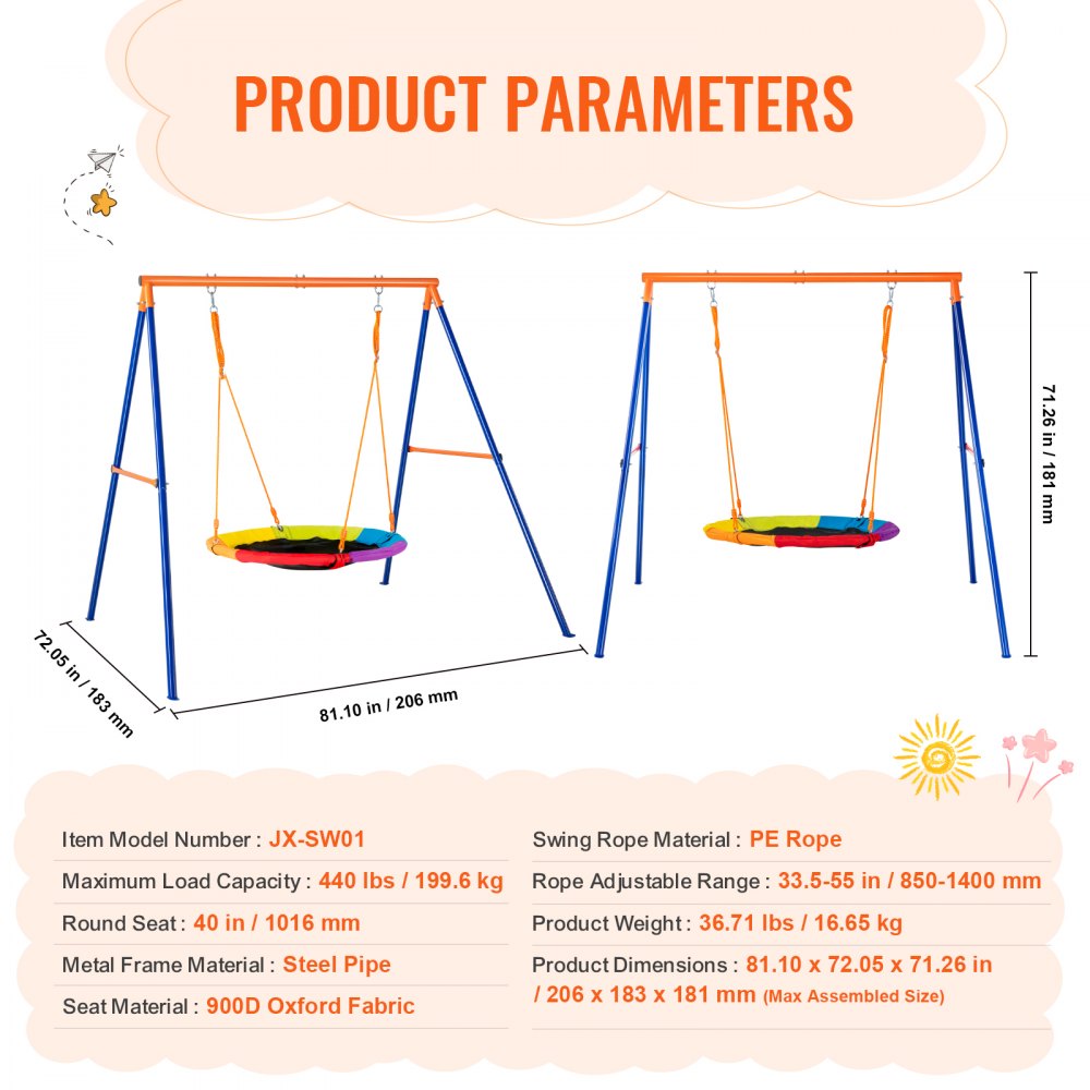 VEVOR Swing Sets for Backyard, 440lbs Load Capacity Swing Set, 40" Saucer Swing Seat with Heavy Duty A-Frame Metal Swing Stand and Adjustable Rope, Easy to Assemble, Swingset Outdoor for Kids