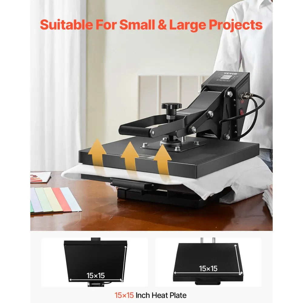 VEVOR Heat Press, 15 x 15 inch Heat Press Machine for T-shirts, Fast and Even Heating, Easy to Use, High Pressure for Digital Industrial-Quality Sublimation Printer for Transfer Vinyl, T-shirt, Black