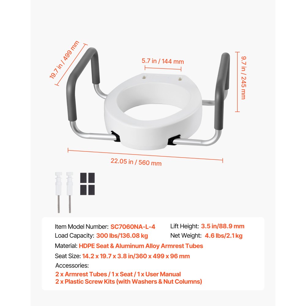 VEVOR Raised Toilet Seat with Arms, 300 lbs Load Capacity, 3.5-Inch Lift Height, Widened Commode Elevated Toilet Seat Riser with Padded Handles for Seniors, Elderly, Handicap, Disabled, and Adults