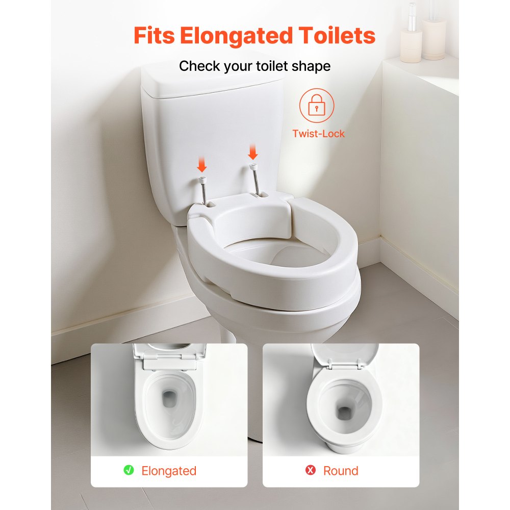 VEVOR Raised Toilet Seat, 300 lbs Load Capacity, 3.5-Inch Lift Height, Commode Elevated Toilet Seat Riser with Enlarged Opening for Seniors, Elderly, Handicap, Disabled, Adults, Fits Elongated Bowl