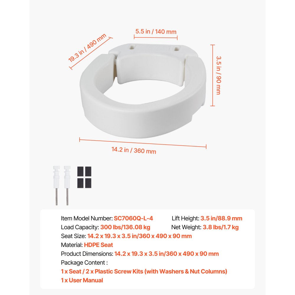 VEVOR Raised Toilet Seat, 300 lbs Load Capacity, 3.5-Inch Lift Height, Commode Elevated Toilet Seat Riser with Enlarged Opening for Seniors, Elderly, Handicap, Disabled, Adults, Fits Elongated Bowl