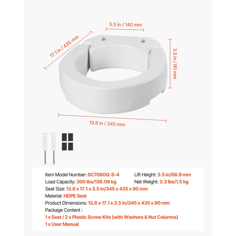 VEVOR Raised Toilet Seat, 300 lbs Load Capacity, 3.5-Inch Lift Height, Commode Elevated Toilet Seat Riser with Enlarged Opening for Seniors, Elderly, Handicap, Disabled, and Adults, Fits Round Bowl