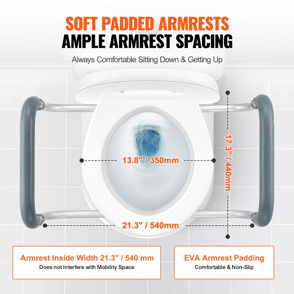 VEVOR Raised Toilet Seat, 3.5" Height Raised, 300 lbs Weight Capacity, for Standard Round Toilet, Aluminum Handrail, with EVA Armrest Padding, for Elderly, Handicap, Patient, Pregnant, Medical