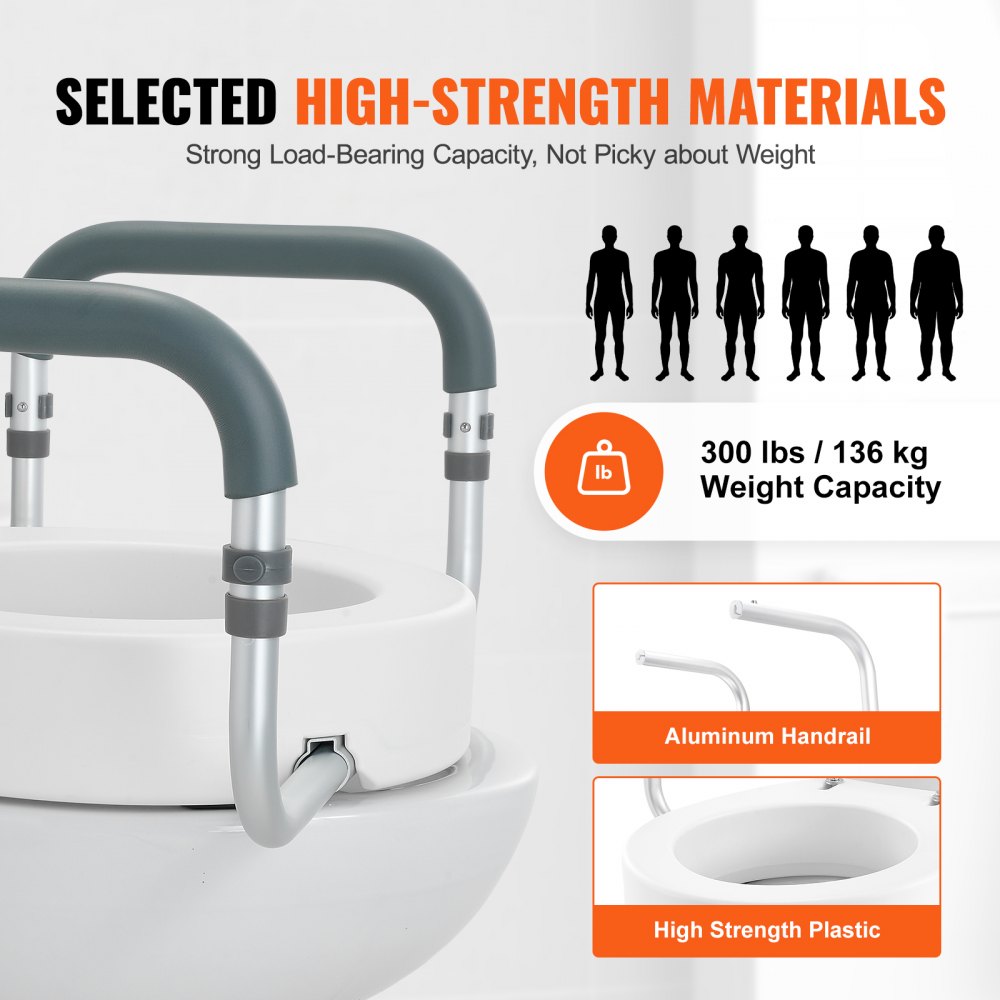 VEVOR Raised Toilet Seat, 3.5" Height Raised, 300 lbs Weight Capacity, for Standard Round Toilet, Aluminum Handrail, with EVA Armrest Padding, for Elderly, Handicap, Patient, Pregnant, Medical