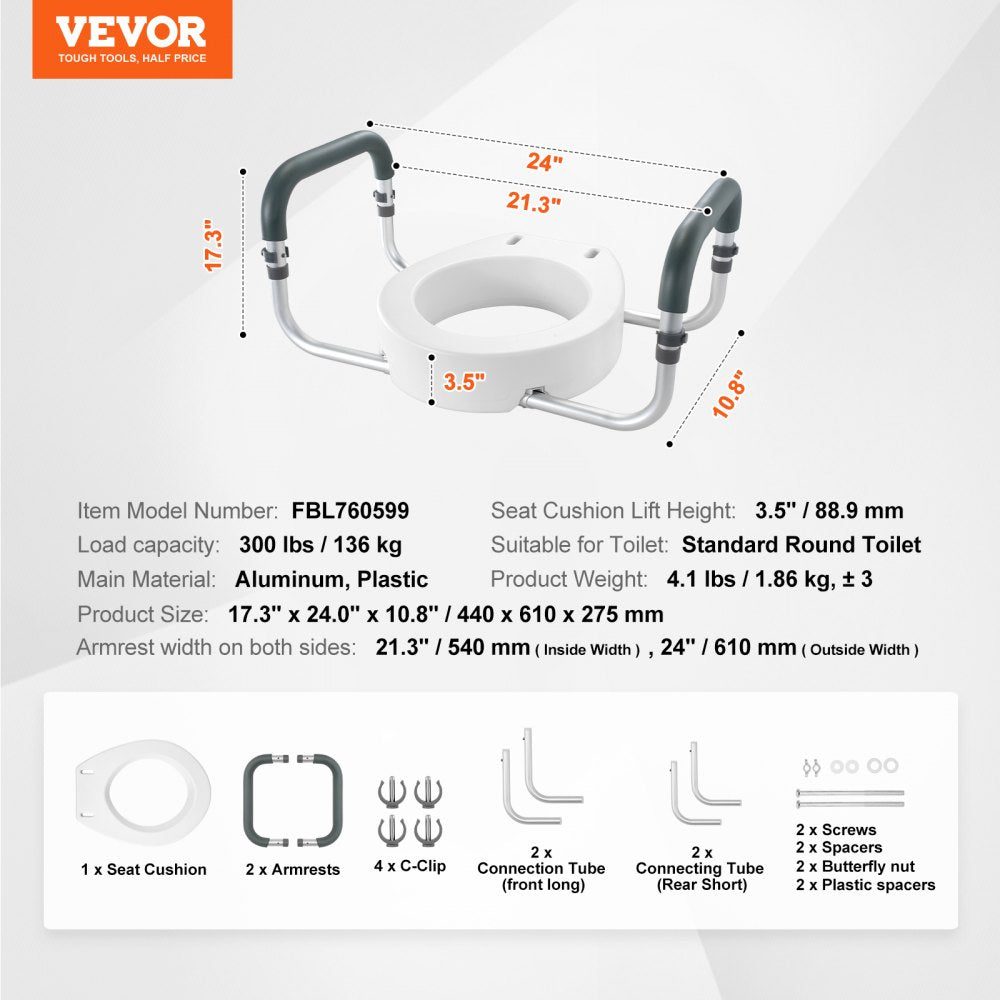 VEVOR Raised Toilet Seat, 3.5" Height Raised, 300 lbs Weight Capacity, for Standard Round Toilet, Aluminum Handrail, with EVA Armrest Padding, for Elderly, Handicap, Patient, Pregnant, Medical