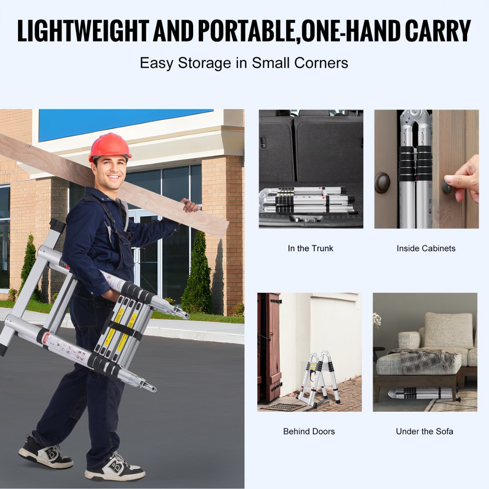 VEVOR Telescoping Ladder, 12.5FT A-Shape Aluminum Extension Ladder Lightweight, Multi-button Retraction Collapsible Ladder, 375 LBS Capacity w/ Stabilizer Bar, Multi-Purpose Ladders for RV, Camper