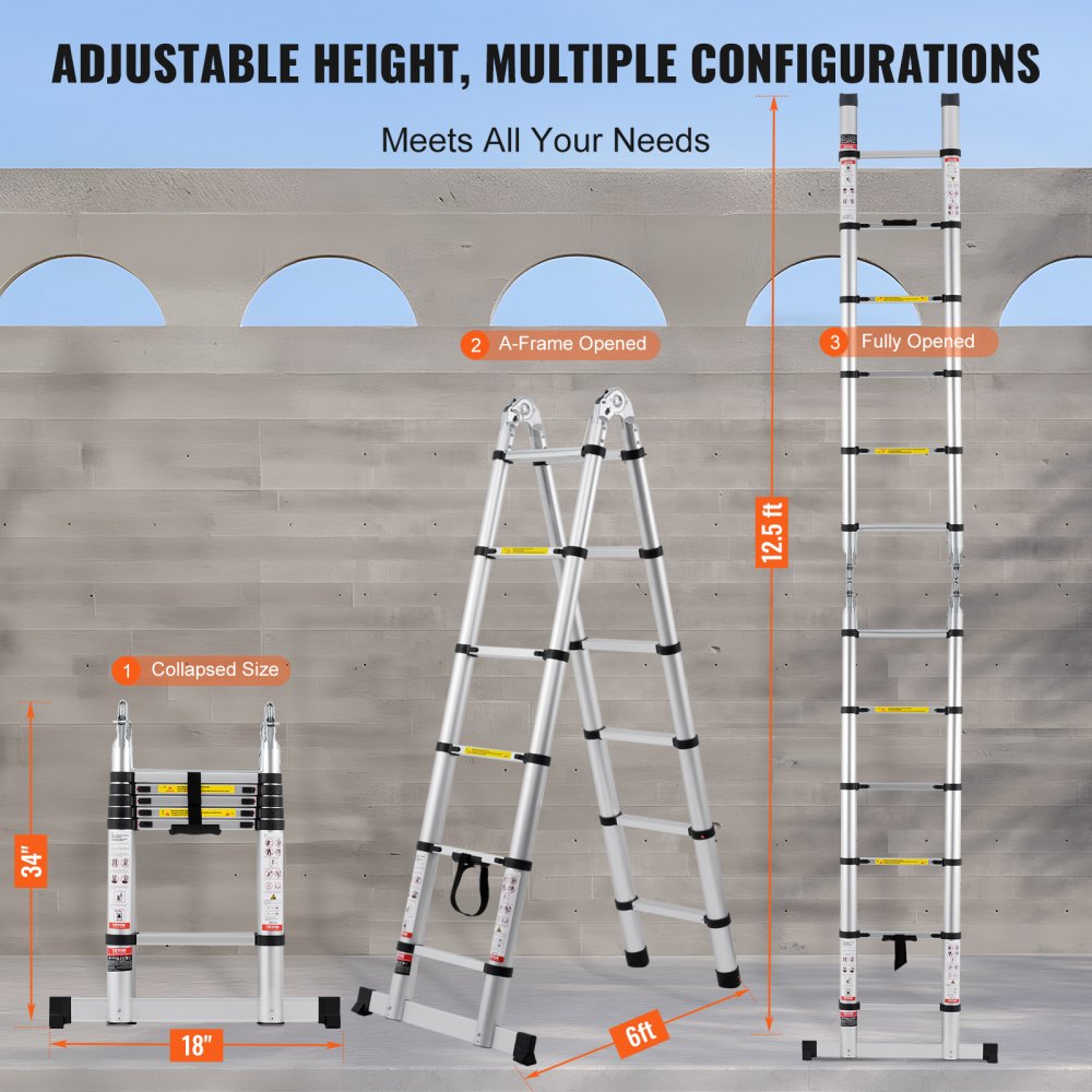 VEVOR Telescoping Ladder, 12.5FT A-Shape Aluminum Extension Ladder Lightweight, Multi-button Retraction Collapsible Ladder, 375 LBS Capacity w/ Stabilizer Bar, Multi-Purpose Ladders for RV, Camper