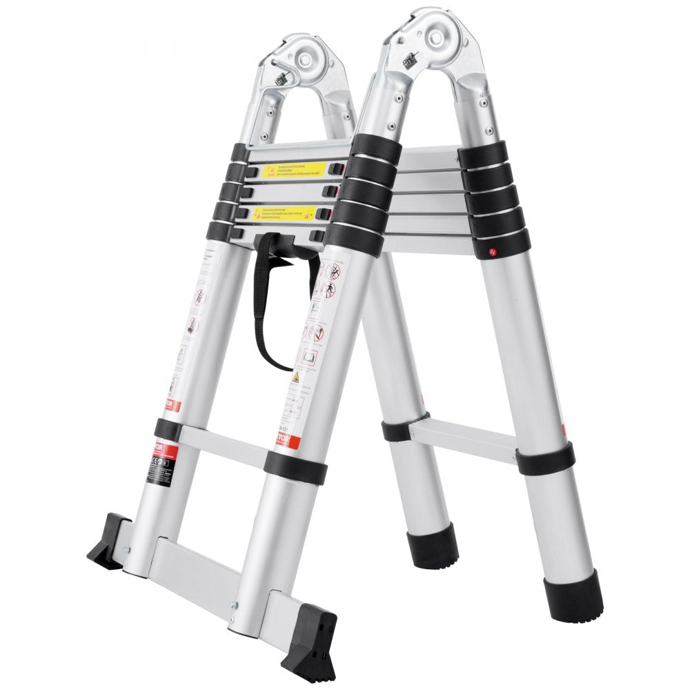 VEVOR Telescoping Ladder, 12.5FT A-Shape Aluminum Extension Ladder Lightweight, Multi-button Retraction Collapsible Ladder, 375 LBS Capacity w/ Stabilizer Bar, Multi-Purpose Ladders for RV, Camper