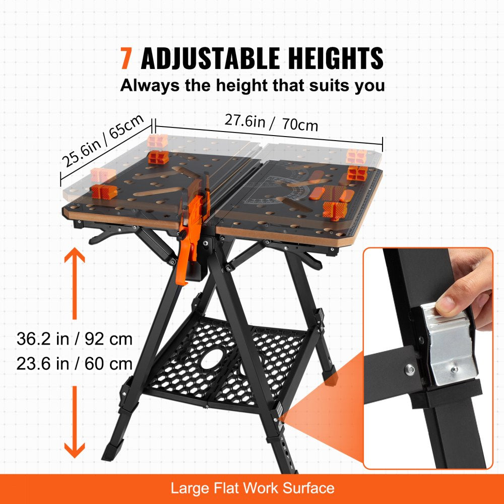 VEVOR Convertible Workstation, Dual-Function as Sawhorse/Workbench, Supports up to 1000 lbs, 7 Height Options, Durable Steel Frame, Compact Folding Design with Wood Clamp, Includes 4 Bench Dogs & 2