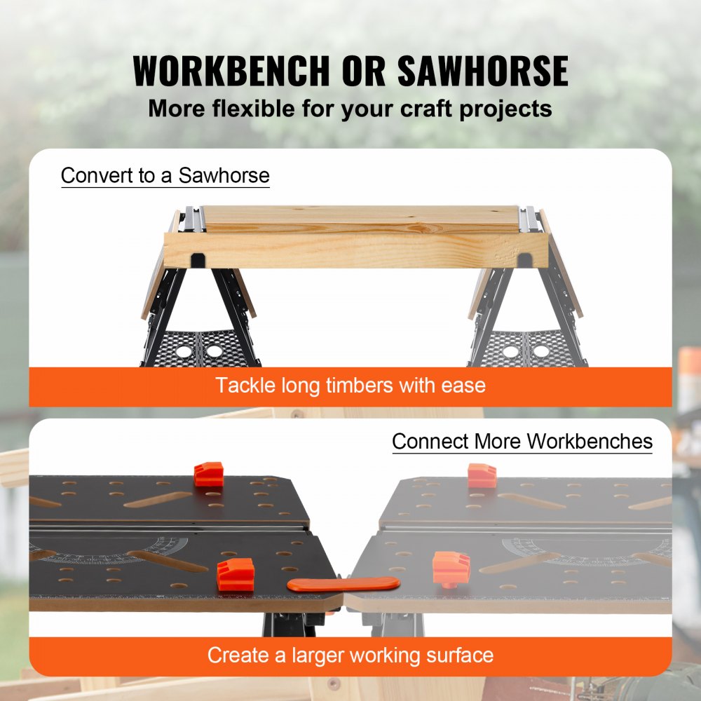 VEVOR Convertible Workstation, Dual-Function as Sawhorse/Workbench, Supports up to 1000 lbs, 7 Height Options, Durable Steel Frame, Compact Folding Design with Wood Clamp, Includes 4 Bench Dogs & 2