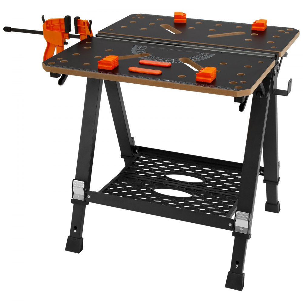 VEVOR Convertible Workstation, Dual-Function as Sawhorse/Workbench, Supports up to 1000 lbs, 7 Height Options, Durable Steel Frame, Compact Folding Design with Wood Clamp, Includes 4 Bench Dogs & 2