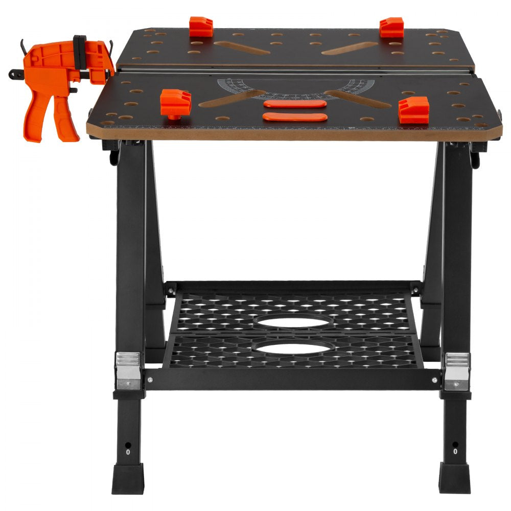 VEVOR Convertible Workstation, Dual-Function as Sawhorse/Workbench, Supports up to 1000 lbs, 7 Height Options, Durable Steel Frame, Compact Folding Design with Wood Clamp, Includes 4 Bench Dogs & 2