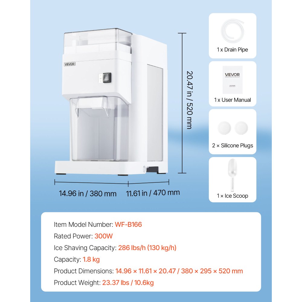 VEVOR Commercial Ice Shaver Machine, 1.91QT /1.8L Large Electric Ice Cube Crusher Shaved Maker with 300W Premium Motor, Stainless Steel Blades, for Bar Mixing Seafood Preservation Home Party, White