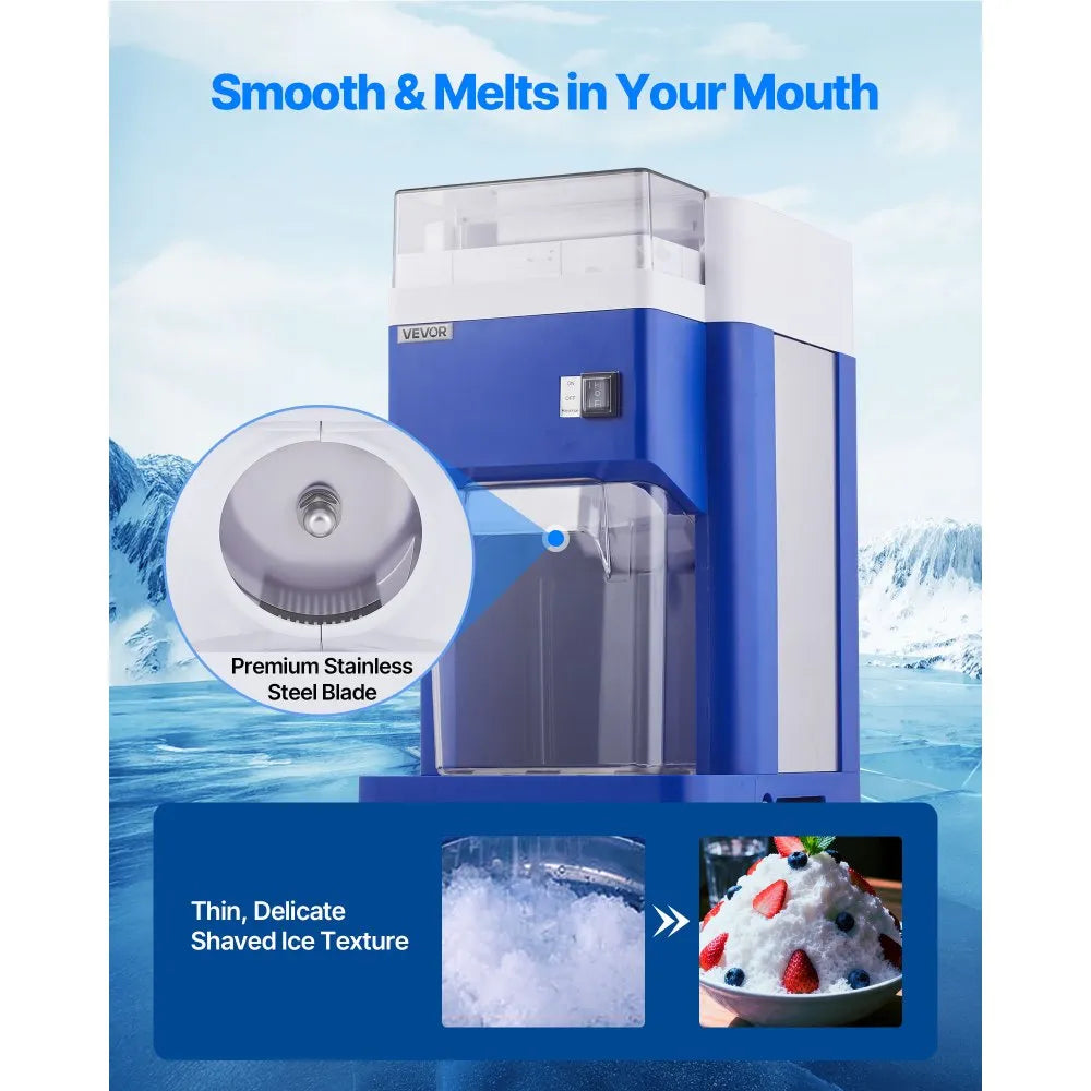 VEVOR Commercial Ice Shaver Machine, 1.91QT /1.8L Large Electric Snow Cone Machine, Fine & Fluffy with 300W Motor, Stainless Steel Blades, Shaved Ice Maker for Dessert Shop Home Party Restaurant, Blue