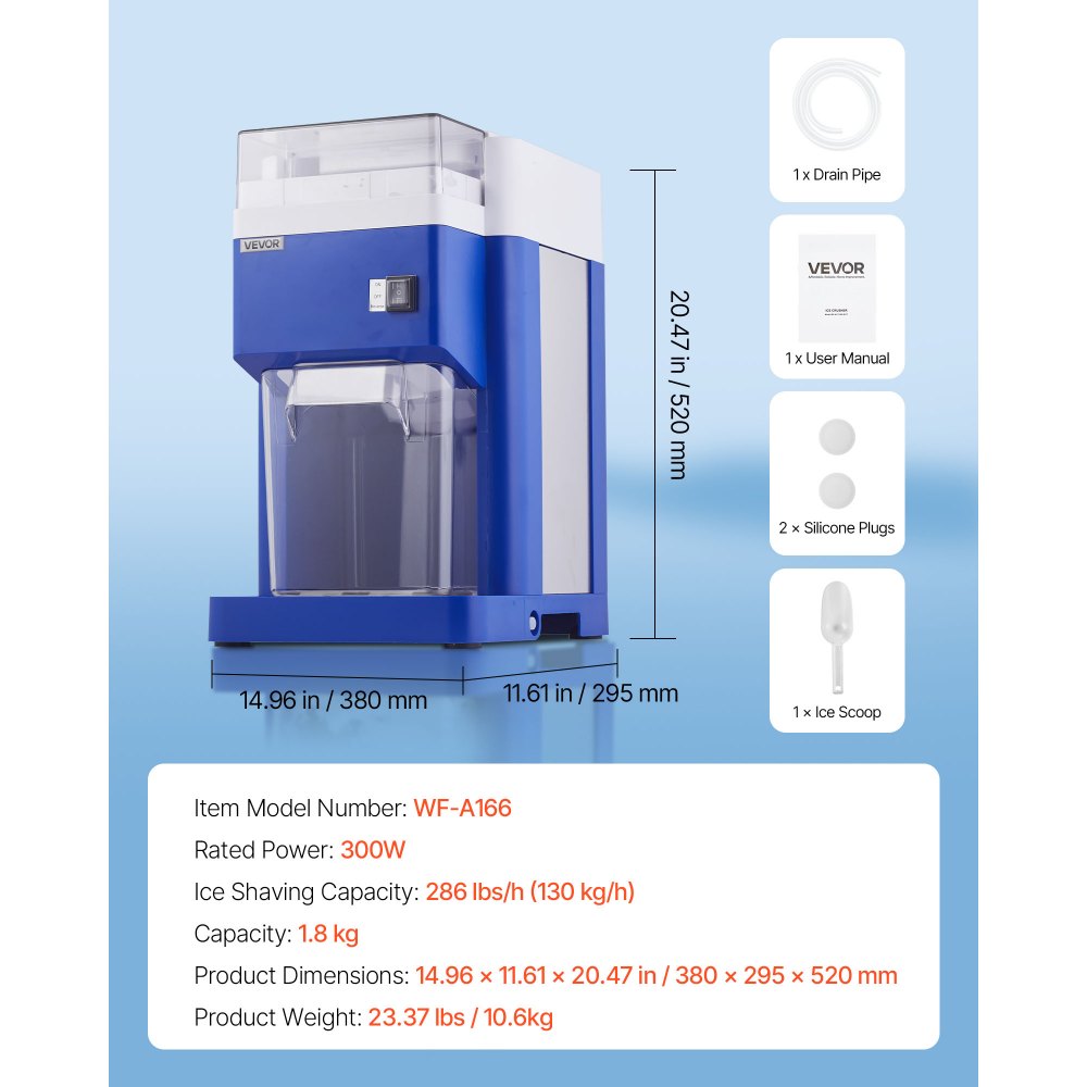 VEVOR Commercial Ice Shaver Machine, 1.91QT /1.8L Large Electric Snow Cone Machine, Fine & Fluffy with 300W Motor, Stainless Steel Blades, Shaved Ice Maker for Dessert Shop Home Party Restaurant, Blue