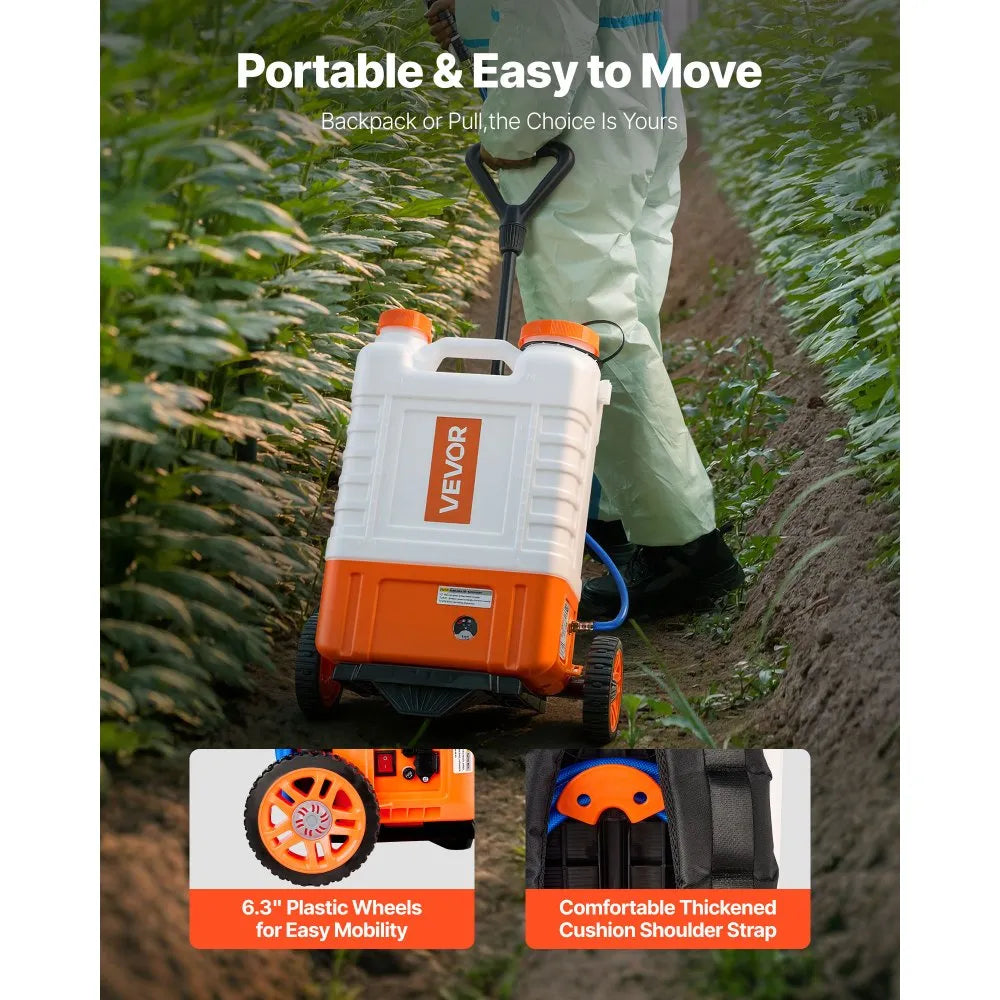 VEVOR Battery Powered Backpack Sprayer with Cart, 0-94 PSI Adjustable Pressure, 4 Gallon Tank on Wheels, with 8 Nozzles and 2 Wands, 12V 7.2Ah Battery, Wide Mouth Lid for Weeding, Spraying, Cleaning