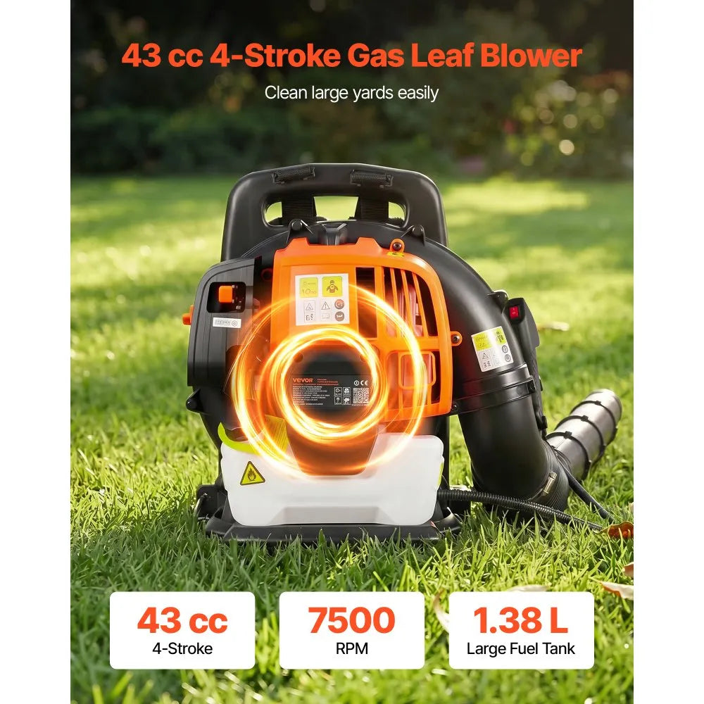 VEVOR Backpack Leaf Blower, 43CC 2-Stroke Engine Gas Powered Leaf Blower with 1.38L Fuel Tank, 447 CFM Air Volume, 150 MPH Air Speed, Ideal for Lawn Care, Leaves Cleaning, Yard Debris & Snow Removal
