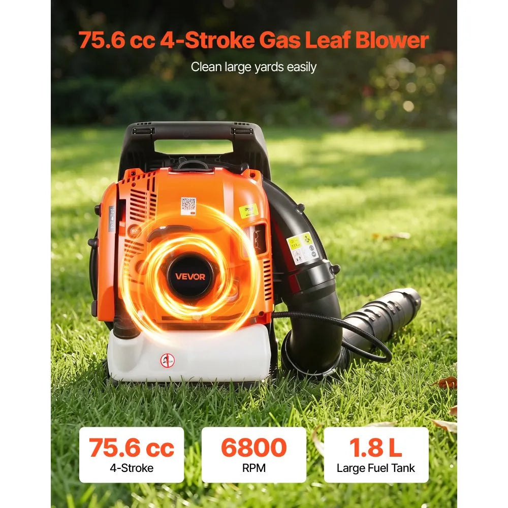 VEVOR Backpack Leaf Blower, 75.6CC 4-Stroke Engine Gas Powered Leaf Blower with 1.8L Fuel Tank, 615 CFM Air Volume, 179 MPH Air Speed, Ideal for Lawn Care, Leaves Cleaning, Yard Debris & Snow Removal