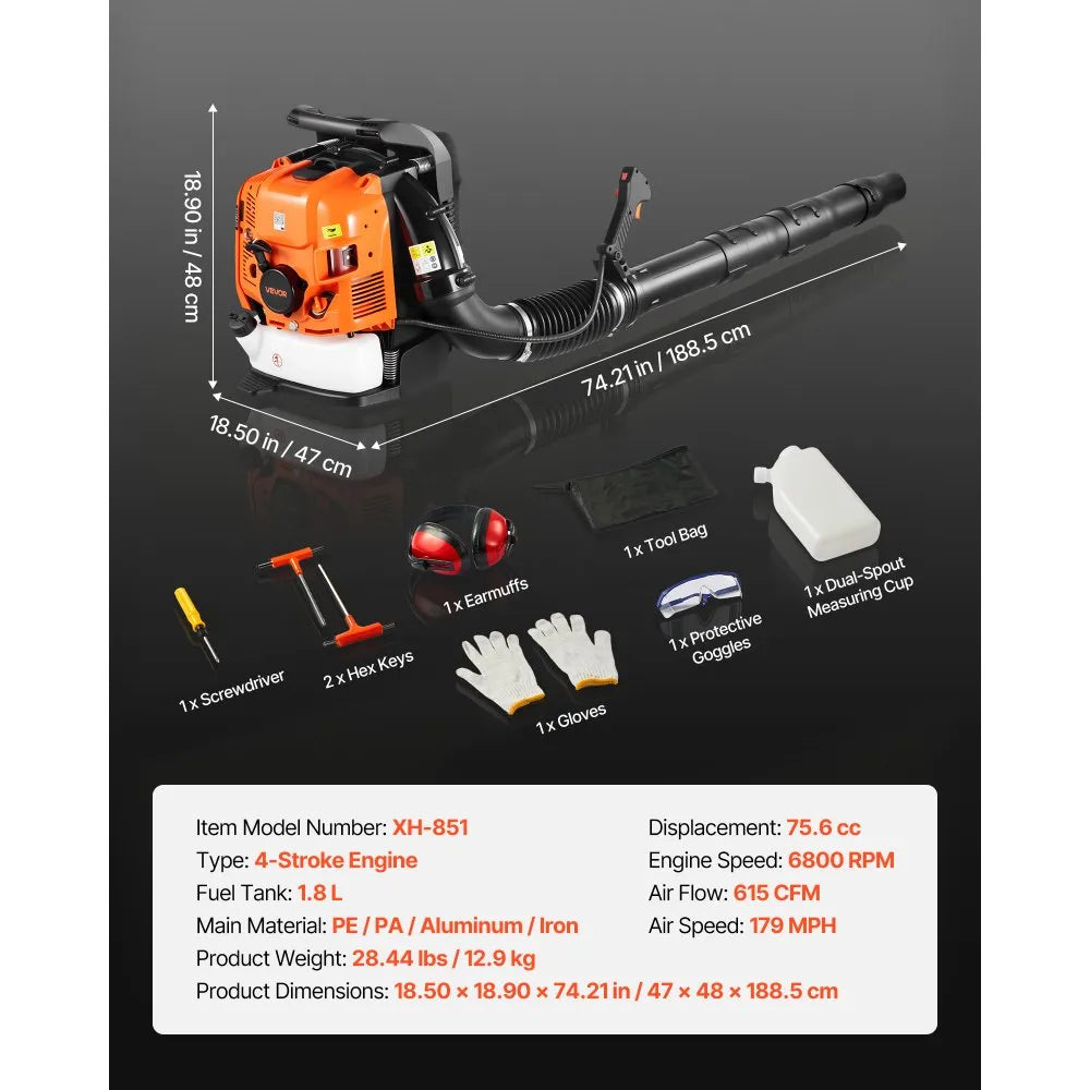 VEVOR Backpack Leaf Blower, 75.6CC 4-Stroke Engine Gas Powered Leaf Blower with 1.8L Fuel Tank, 615 CFM Air Volume, 179 MPH Air Speed, Ideal for Lawn Care, Leaves Cleaning, Yard Debris & Snow Removal